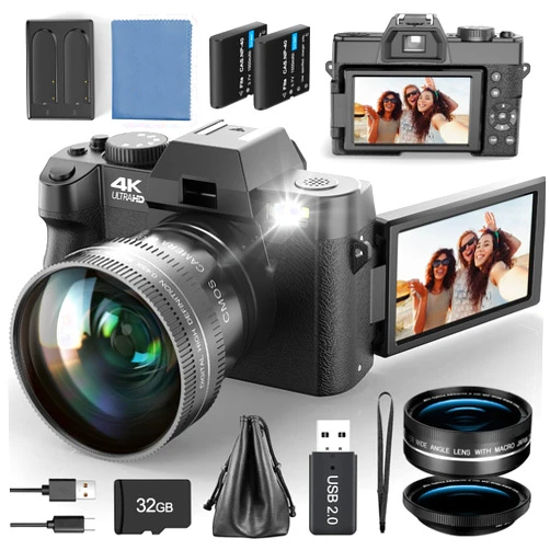 NBDDIGITAL 48MP Digital Cameras for Photography with WiFi & App Control,4K Autofocus Vlogging Camera for YouTube with 16X Zoom, Anti-Shake, 32GB TF Card, Dual Batteries, 52mm Wide Angle & Macro Lens (S100 Black)