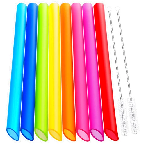 HIWARE [Angled Tips] 8 Pcs Reusable Boba Straws & Smoothie Straws - Multi Colors Jumbo Wide Reusable Straws, BPA FREE Food-Grade Plastic Straws for Bubble Tea(Tapioca, Boba Pearls), Milkshakes with 2 Brushes