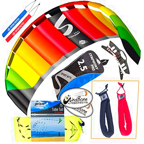 HQ Power Kites, Prism, Peter Lynn, WindBone HQ Symphony Pro 2.5 Kite Mega Tail Bundle (4 Items) + Prism 75ft Tube Tail + Peter Lynn Heavy Duty Padded Kite Control Strap Handles Pair + WindBone Kiteboarding Lifestyle Stickers (Rainbow)
