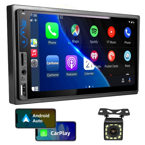 Naifay Double Din Car Stereo Compatible with Apple CarPlay and Android Auto - 7inch HD Touchscreen Car Audio Receivers with Bluetooth, Mirror Link, Backup Camera, SWC/USB/AUX/TF/Subwoofer, FM Car Radio