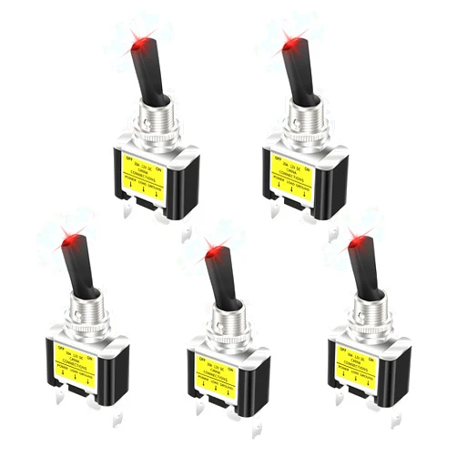 Bittwee 5PCS Car LED Toggle Switch ON Off, 12V Automotive LED Lighted Metal Switch, Heavy Duty SPST 3 Pin Vehicle Rocker Switch with 12mm Mounting Hole, Universal for Cars Trucks Boats（Red）