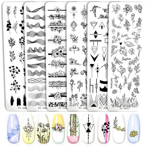 AUOCATTAIL Stamping Plates Nail Art Set Flower Minimalist Geometric Lines Leaves Pattern Theme Image DIY Nail Art Stamp Plate Stamper Kit 6Pcs