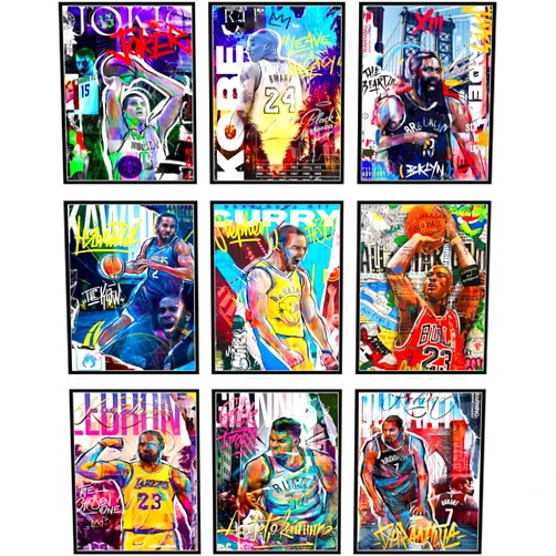 RMISODO Basketball Stars Wall Art, Prints Basketball Sports Poster, Kobe Byrant Curry James Lebron James Steph Harden Kevin Durant - Set of 9 (Unframed 8