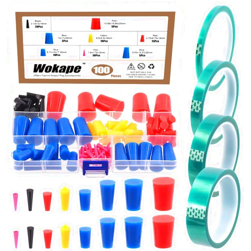 Wokape 105Pcs Powder Coating Plug Kit with PET Masking Tape, High Temp Silicone Rubber Tapered Plug Kit, for Powder Coating System, Plating, Media Blasting, Hydro Dipping