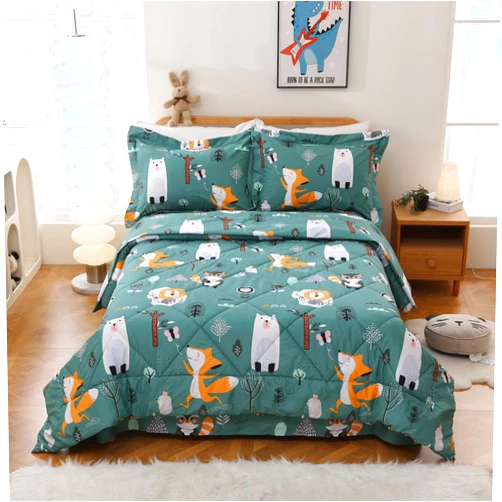 JSD Green Forest Animals Kids Comforter Set Full Size, 3 Piece Woodland Printed Microfiber Bedding Set, Machine Washable