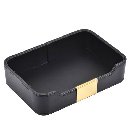 RHCSZ Luxury Leather Valet Tray Desktop Storage Organizer,Bedside Vanity Catchall Tray Nightstand Caddy Holder for Cosmetic,Jewelry,Watch,Keys,Phone,Wallet,Remote Controller,Pen,Black