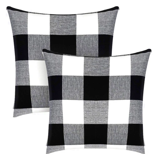 Syntus Set of 2 Buffalo Check Throw Pillow Covers Farmhouse Outdoor Plaid Square Pillow Cushion Case Black and White Polyester Linen for Christmas Thanksgiving Decor Car Bed Sofa, 18 x 18 inches