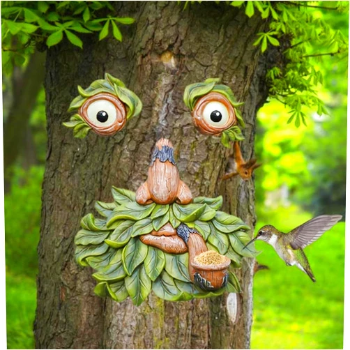 Vomiceak Large Tree Face Decor Outdoor - 12 Inch Bird Feeder, Unique Old Man Tree Face Hugger Statues - Glow Eyes in Dark, Funny Garden Patio Art Statue Decor
