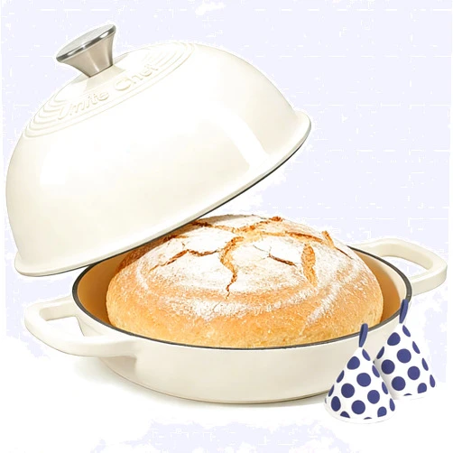 Umite Chef Enameled Round Cast Iron Bread Oven, 6 Qt Cast Iron Dutch Oven for Homemade Sourdough Bread Baking, Bread Pot with Dome Lid & Cotton Potholders (Cream White)