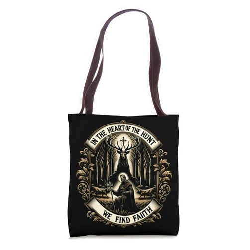 Sacred Hunts & Holy Stags - Men Women Hunting Tees St. Hubertus Patron Hunter & Stag Tee - Christian Faith Tote Bag