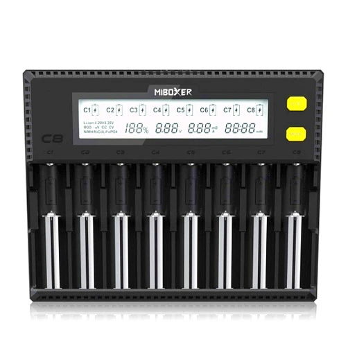 COSOOS MiBOXER 18650 Battery Charger, 8-Bay Smart Charger with Automatic LCD Display, Fast Charge Rechargeable Li-ion LiFePO4 Ni-MH Ni-Cd AA AAA C 21700 26650 13650 16340 18350 18700 RCR123