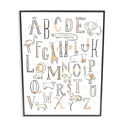 Stupell Industries Nursery Animal Alphabet Chart Soft Orange White, Designed by Zirkus Design Black Framed Wall Art, 16 x 20