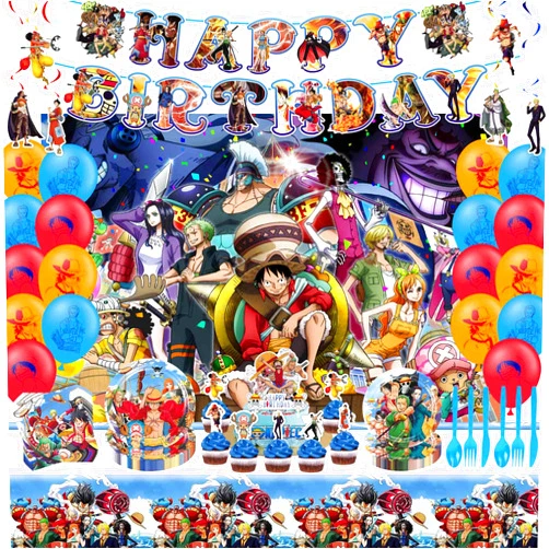 Signreen Anime Birthday Party Supplies Include Birthday Banner, Balloon, cupcake topper, Tablecloth, Plates, Napkins for Anime Theme Birthday Decorations