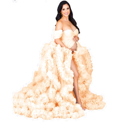 BONOYUER Women's Tulle Maternity Gown for Photoshoot Puffy Ruffles Bridal Lingerie Pregnancy Robe Bathgown Wedding Scarf