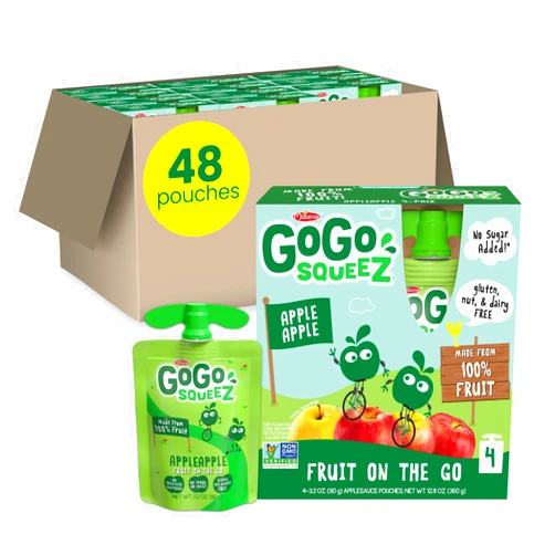 GoGo squeeZ Applesauce and Fruit Puree, Apple Apple, 3.2 oz (Pack of 48), Unsweetened Fruit Snacks for Kids, Gluten Free, Nut Free and Dairy Free, Recloseable Cap, BPA Free Pouches