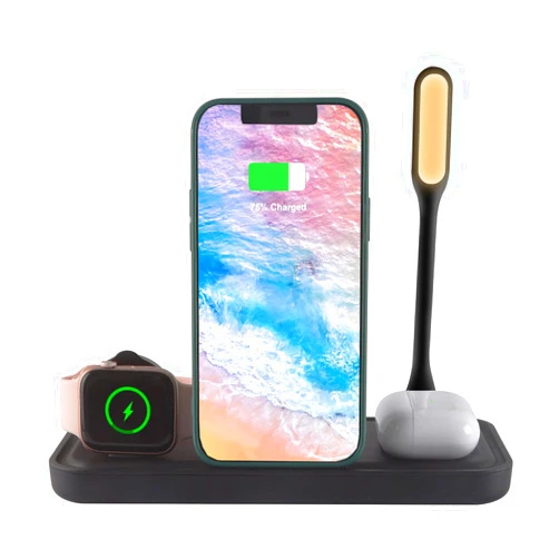 EALEK 4 in 1 Wireless Charging Station, Foldable Wireless Charger with Lamp, Charging Dock Compatible with iPhone 13/12/11/Pro/Pro Max/XR/XS/8, iWatch, AirPods(Black)