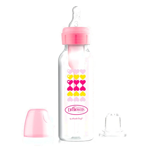 Dr. Brown's Anti-Colic Options+ Narrow Sippy Bottle Starter Kit, 8oz/250mL, with Level 3 Medium-Fast Flow Nipple and Soft 100% Silicone Sippy Spout, Pink, BPA Free, 6m+
