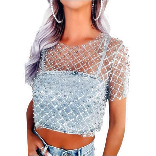Aelidiya Women Mesh Pearl Crop Top Glitter Rhinestone Sequin Long Sleeve T-Shirt See Through Sheer Blouse Shirt Tops Clubwear