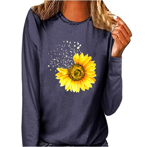 Generic Women's Sunflower Butterfly Print Shirts Fall Graphic Long Sleeve Tees Fashion Casual Crew Neck Blouses