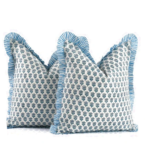 CPC COTTON PRINT CLUB CPC Apatite Blue Ruffle Throw Pillow Covers for Couch, 18x18 Inch Cotton Stripe Ruffle Couch Pillows for Living Room, Hidden 14 Inch Zipper Boho Pillow Case or Cute Outdoor Pillows