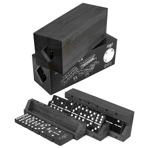 A Design+ Domino Game Set of 28 | Professional Double 6s | Multi-use Box | Trays to Stand Tiles | by ADesign+ (Solid Wood Black)