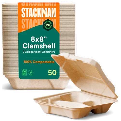 Stack Man 100% Compostable Clamshell Take Out Food Containers [8X8