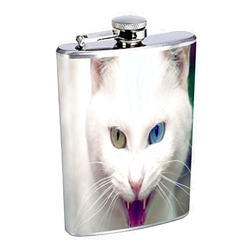 JS & Caren Cat Feline Eyes Flask S16 Stainless Steel 8oz Hip Silver Alcohol Whiskey Drinking Brandy Rum