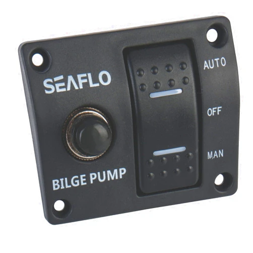 SEAFLO 3-Way Bilge Pump Panel Rocker Switch 32V/24V/12V - Automatic/Off/Manual with Built-in 15A Circuit Breaker, LED Indicator, Marine Grade Black Plastic Panel for Marine Pumps | 4-Year Warranty
