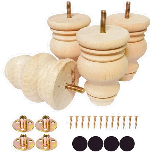 Btibpse 4 Inch Wooden Furniture Legs, Solid Wood Unpainted Replacement Furniture Legs, Ottoman/Loveseat Replacement Legs, Cabinet Legs/Desk/Sofa/Bookcase Round Bun Feet Set of 4 (4 Inch B)