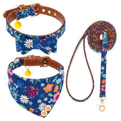 EXPAWLORER Dog Collar and Leash Set - Classic Plaid Dog Bow Tie and Dog Bandana Collar with Bell, Dog Leash Tangle Free, Adjustable Collars for Small Dogs Cats Puppies, Holiday Ideal Gift, Flower XS