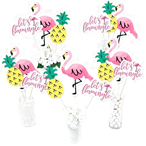 Big Dot of Happiness Pink Flamingo - Party Like A Pineapple - Tropical Summer Party Centerpiece Sticks - Table Toppers - Set of 15