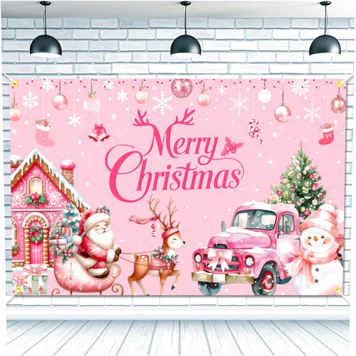JKQ Pink Merry Christmas Backdrop Banner 71 x 45 Inch Xmas Santa Snowman Reindeer Background Banner Christmas Winter Holiday Birthday Party Decorations Indoor Outdoor Home Photo Booth Props