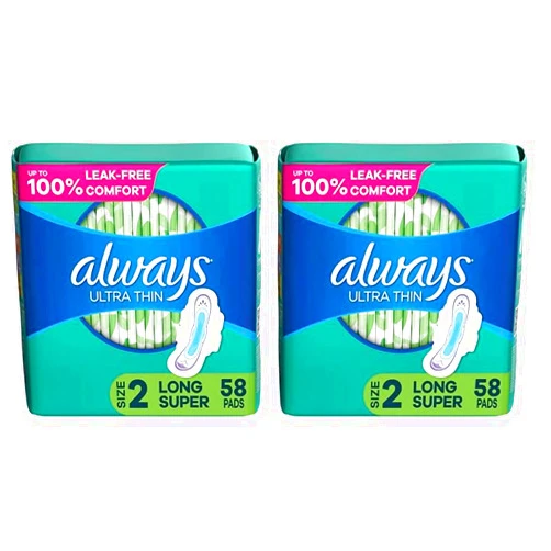 Always Ultra Thin Feminine Pads for Women, Size 2 Long Super Absorbency, with Wings, Unscented, 58 Count (Pack of 2)