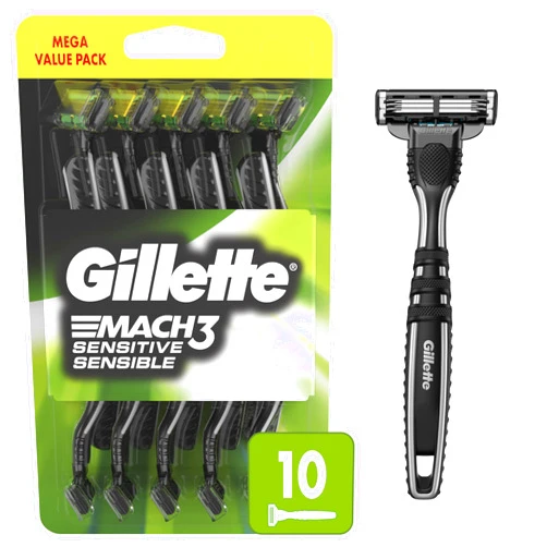 Gillette Mach3 Sensitive Razors for Men, Men’s Disposable Razors, Pivoting Head for Close and Comfortable Shave, 10 Count