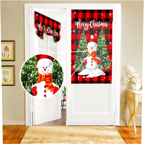 BEMIGO Door Curtains for Door Windows, Christmas Snowman Trees Door Window Curtains for French Glass Door, Privacy Thermal Insulated Tie Up Door Shades, Red Plaid Small Window Curtains 26 x 42 inch