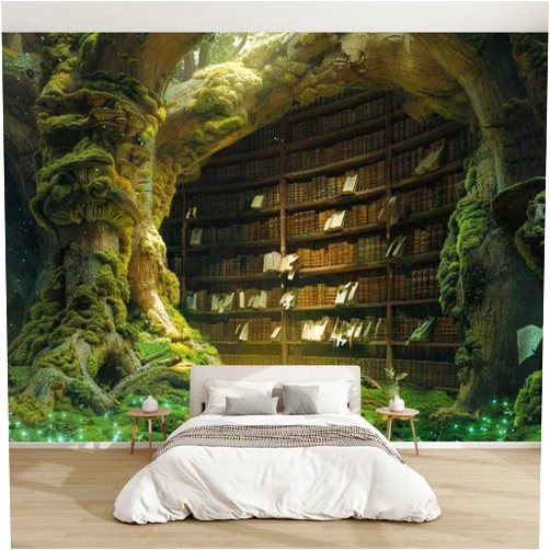 LDGAQNPF 3D Modern Canvas Wallpaper Mural Forest Library Medieval Scrolls Mossy Ambiance Peel and Stick Removable Self Adhesive Wall Stickers for Living Room Kids Bedroom Home Decor