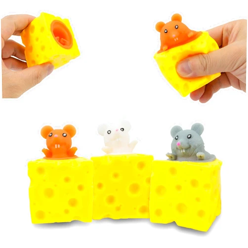 AWANGLUO Squeeze Mouse Toys Cheese Mouse Cup (Set of 3) - Sensory Fidget Toys, Squishes Toys Stress Relief for Kids & Adult Tricky Funny Squeeze Toys, Gift for Easter, Christmas and Birthday