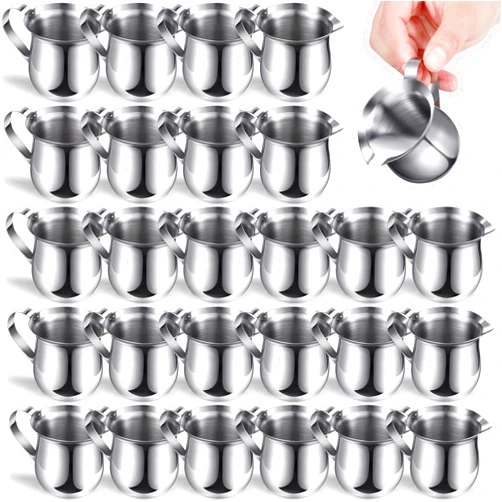 Potchen 24 Pack Stainless Steel Bell Creamers 3 Ounce Creamer Pitcher Mini Coffee Milk Pitchers with Handle and Pouring Spout Cups for Serving Espresso, Tea, Milk, Maple Syrup, Sauce