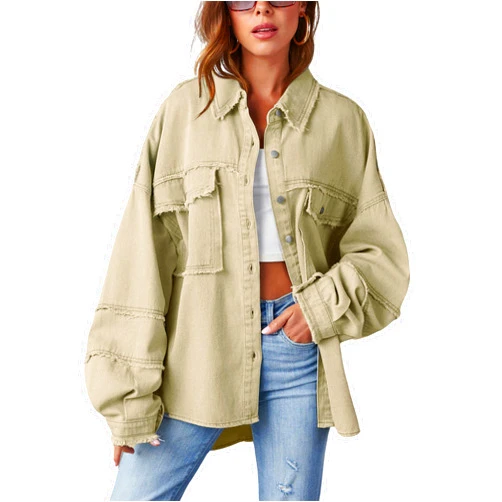 Yvipette Women's Funky Baggy Denim Jackets Mid-long Lapel Button Down High-low Hem Casual Tops
