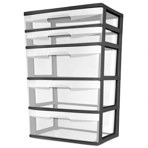 K&J CHIPMUNK Storage Drawer Cart Plastic 5 Drawer Wide Tower with Wheels Black