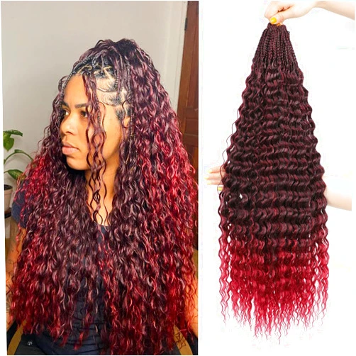 Getgal 24Inch 7Packs Goddess Mermaid Box Braids Curly Crochet Hair Burgundy Pre Looped Deep Wave Crochet Hair for Black Women（TIB/BUG，7Packs）
