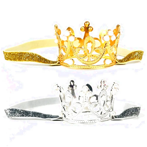 Nishine 2 pieces Baby Girls Crown Headband Princess Tiara Headdress Set Toddler Elastic Head Band (Gold/Silver)