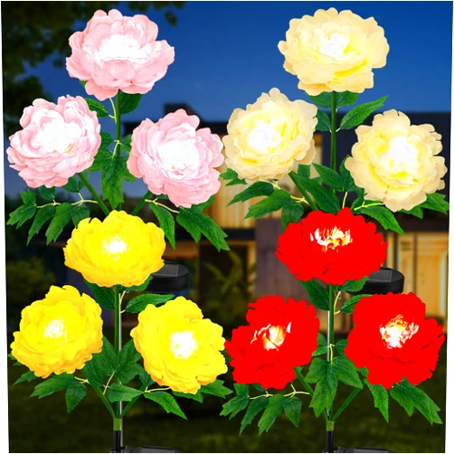 Ouddy Decor 4 Pack Solar Flowers Outdoor Waterproof, Solar Garden Lights Decorative Larger & More Realistic Led Peony Pathway Lights for Patio Yard Garden Decor Gardening Gifts