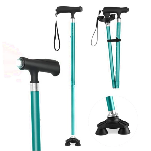 KINGGEAR Walking Cane for Women & Men, Adjustable Lightweight LED Walking Stick with Autonomous Standing, Large Sturdy 360 Swivel Base Crutches Cane for Senior