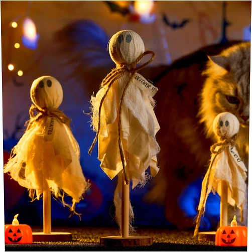 HOLIHIFI Halloween Decorations Indoor - Set of 3 Primitive Ghosts on Wooden Stand for Table, Shelf and Mantel - Handmade Cotton and Linen Spooky Decor for Room
