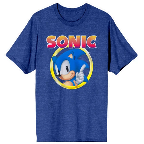 Bioworld Sonic The Hedgehog Classic Character and Title Men's Navy Blue Graphic Tee