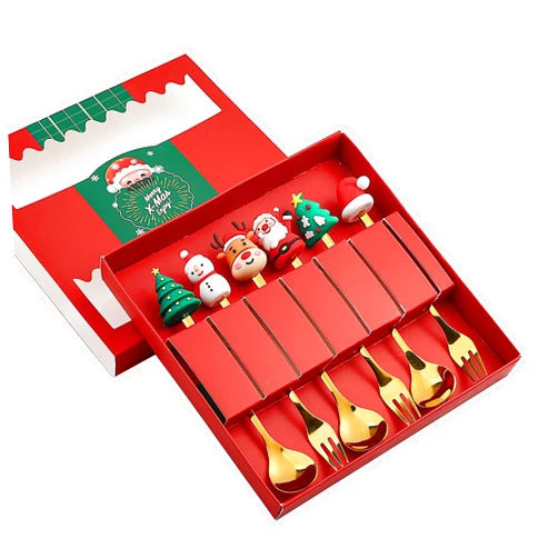 MEELYHOME 6 Pieces Stainless Steel Coffee Spoons Fruit Forks Christmas Series Stirring Spoons Dessert Spoons 4 Styles for Coffee Stainless Steel Dessert Spoons Set