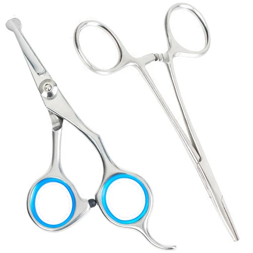 Maxshop Pet Grooming Small Scissors and Forceps Set, Stainless Steel Body & Facial Trimmer Rounded Tips Shears for for Dogs & Cats Pet Hemostat Locking Forceps Set of 2