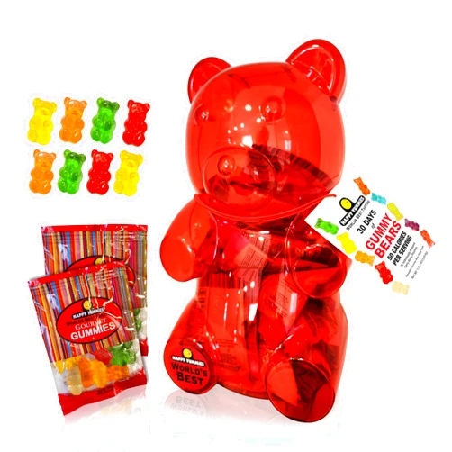 Happy Yummies 1 Lb Acrylic Giant Gummy Bear – Stuffed with 30 Servings of Individually Wrapped Gummies, Only 50 Calories Per Serving – Reusable Candy Container and Piggy Bank, Ideal for Gifts