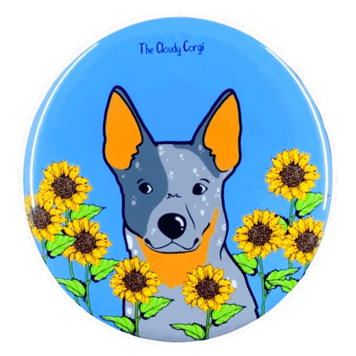 The Cloudy Corgi Australian Cattle Dog Sunflower Pinback Button, Floral Blue Heeler Dog Accessories, Psychedelic Pet Portrait Art Gift, 2.25 or 3.5